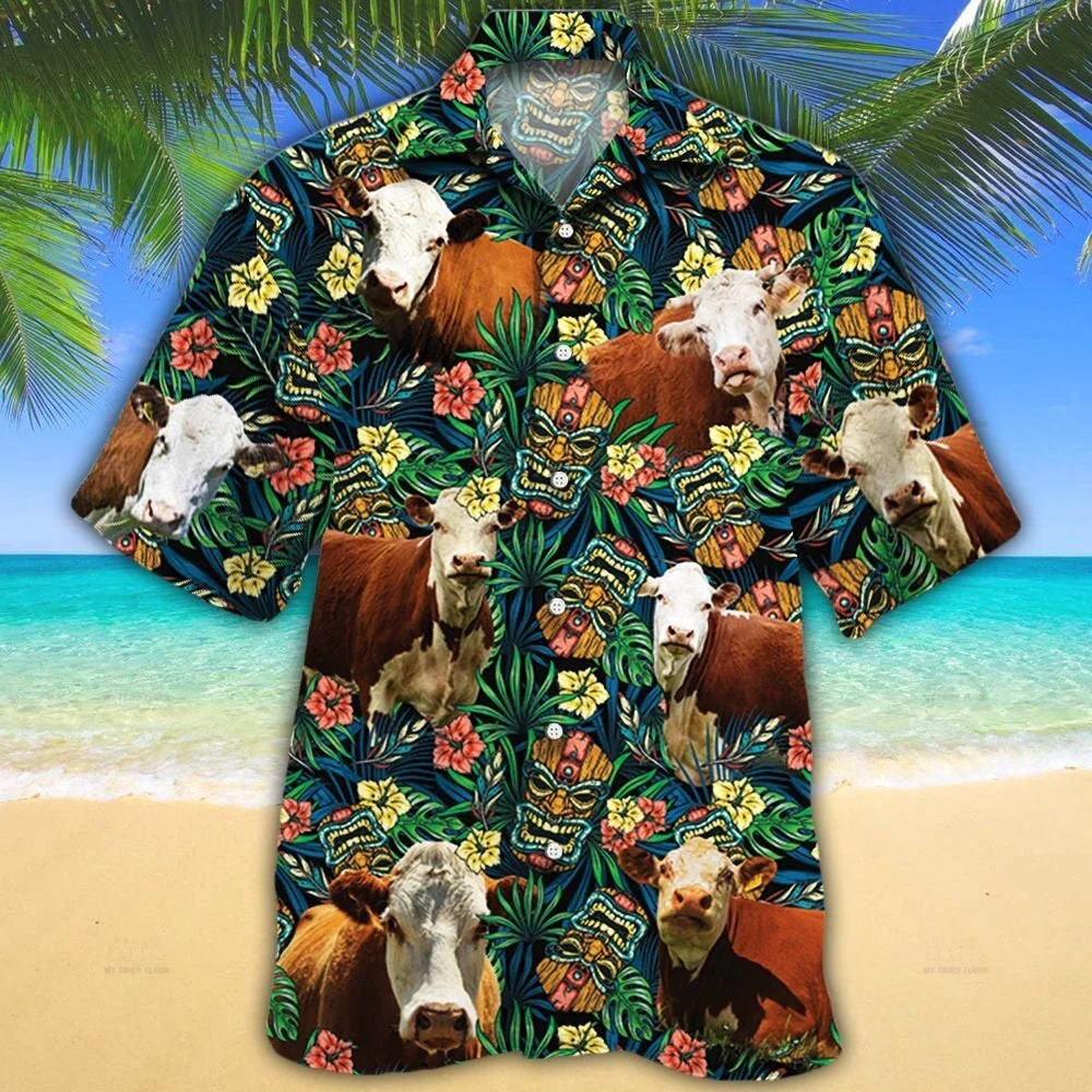 Hereford Cattle Lovers Tribal Tiki Mask Trendy Hawaiian Shirt Hereford Cattle Lovers Tribal Tiki Mask Trendy Hawaiian Shirt