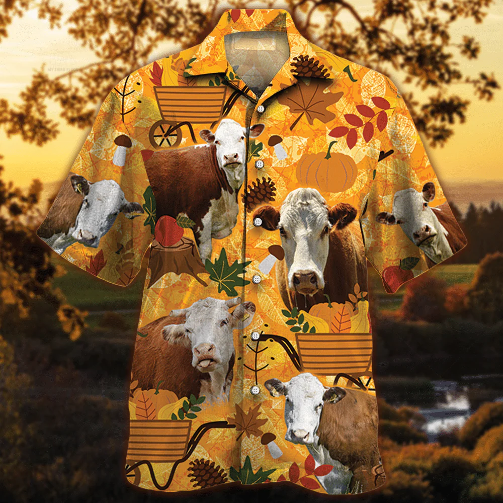 Hereford Cattle Orange Autumn Aloha Hawaiian Shirt