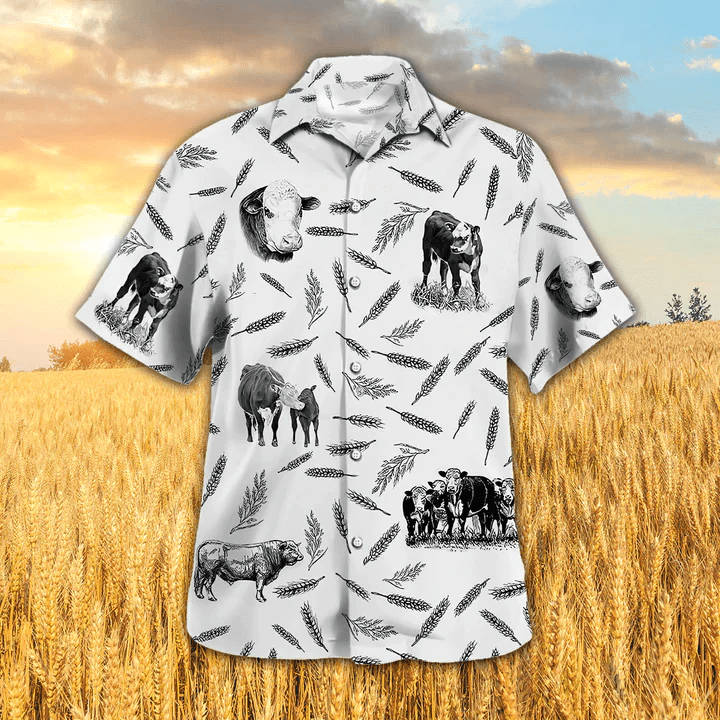 Hereford Cattle Pattern Trendy Hawaiian Shirt, Animal Farm Cow Trendy Hawaiian Shirts For Men, Women
