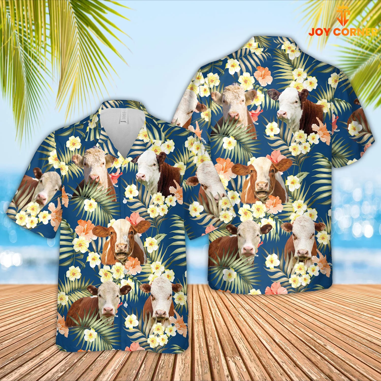 Hereford Cattle Summertime Blue Floral Theme 3D Hawaiian Shirt