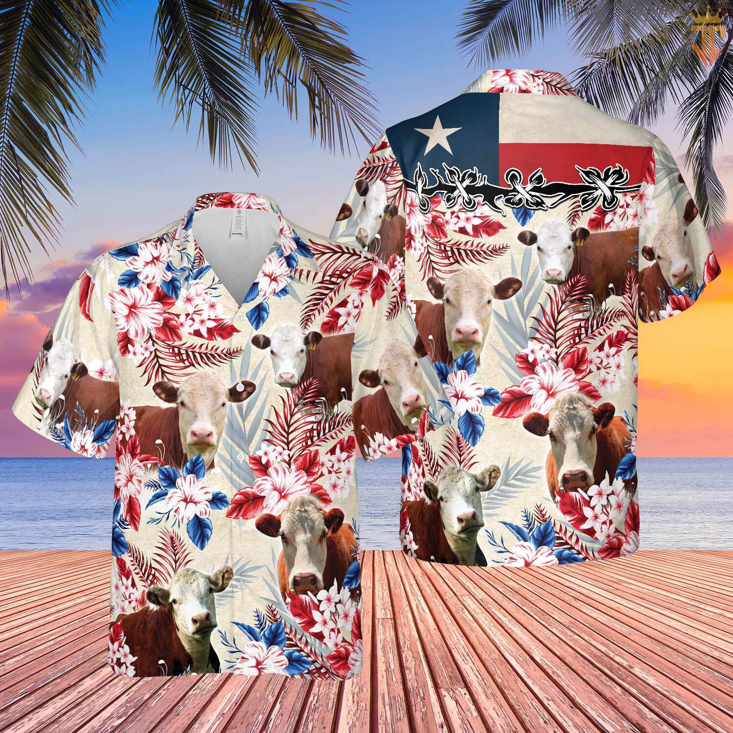 Hereford Cattle Texas Flag Hawaiian Flowers All Over Printed 3D Hawaiian Shirt