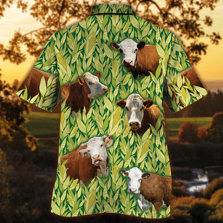 Hereford Cattle Trendy Hawaiian Shirt Men, Cow Lovers Short Sleeve Hawaiian Aloha Shirt