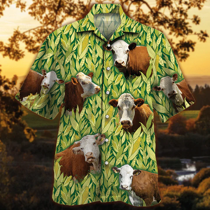 Hereford Cattle Trendy Hawaiian Shirt Men, Cow Lovers Short Sleeve Hawaiian Aloha Shirt
