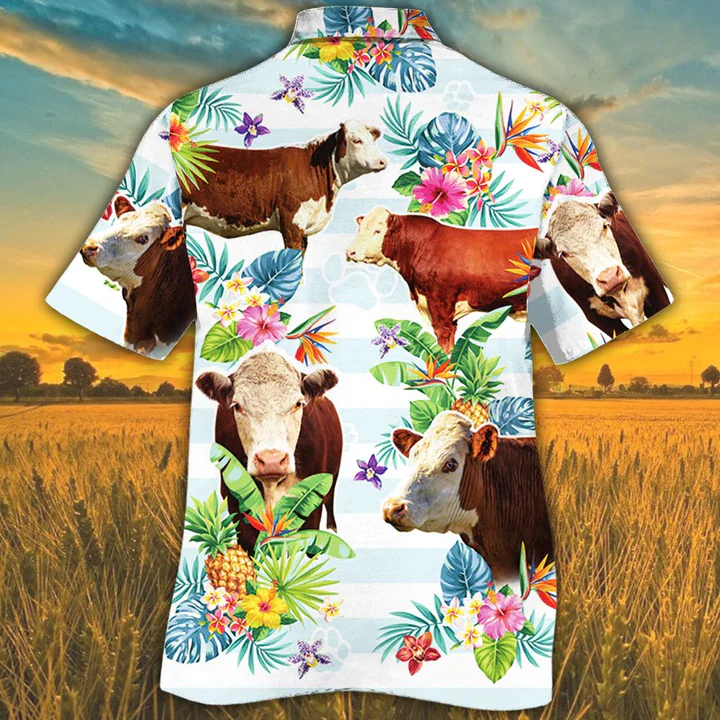 Hereford Cattle Trendy Hawaiian Shirts For Men, Women, Cow Lovers Tropical Flower Trendy Hawaiian Shirt