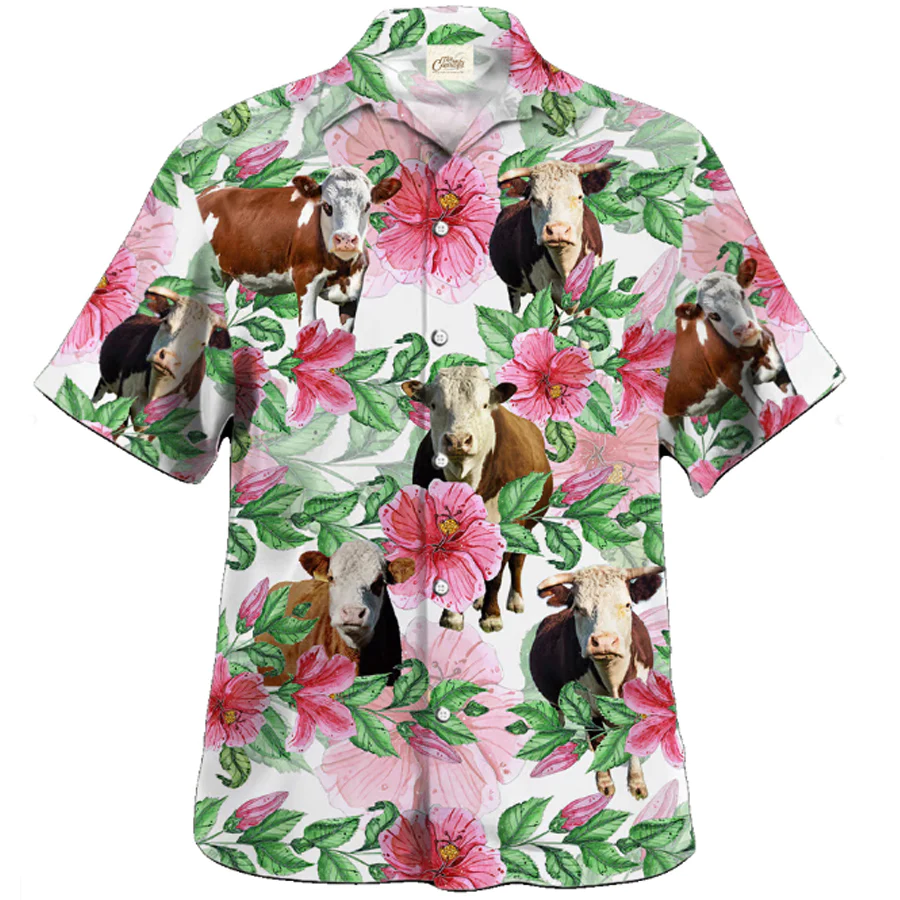 Hereford Cow Trendy Hawaiian Shirt, Farmer Trendy Hawaiian Shirts, Summer Tropical Shirts, Gift For Him, Funny Trendy Hawaiian Shirts