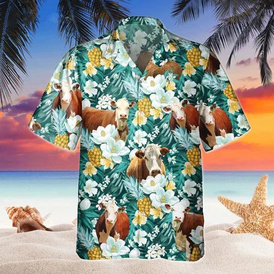 Hereford Floral Hawaiian Shirt, Beach Shirt For Farm Animal Lovers Hereford Floral Hawaiian Shirt, Beach Shirt For Farm Animal Lovers