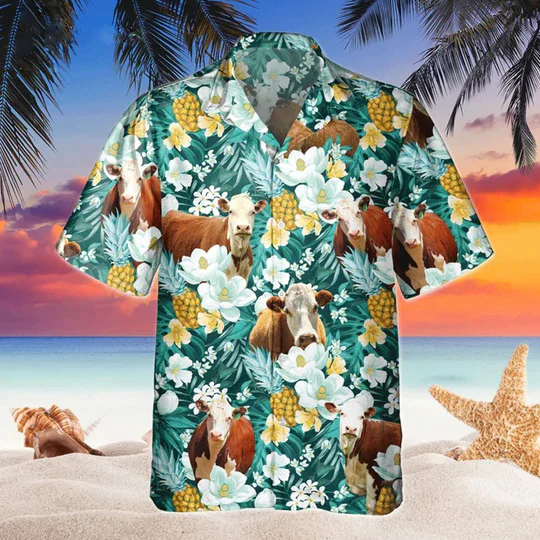 Hereford Floral Trendy Hawaiian Shirt, Beach Shirt For Farm Animal Lovers Hereford Floral Trendy Hawaiian Shirt, Beach Shirt For Farm Animal Lovers