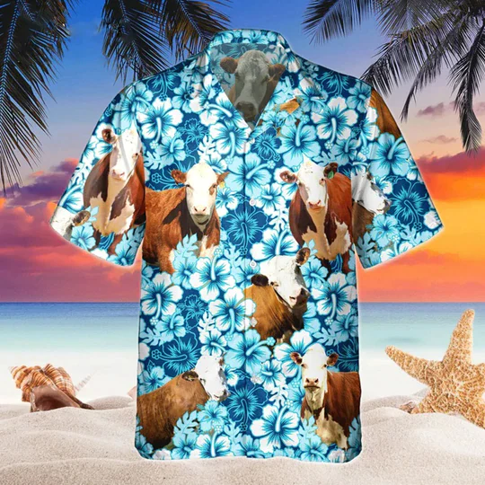 Hereford Floral Trendy Hawaiian Shirt, Beach Shirt For Farm Animal Lovers