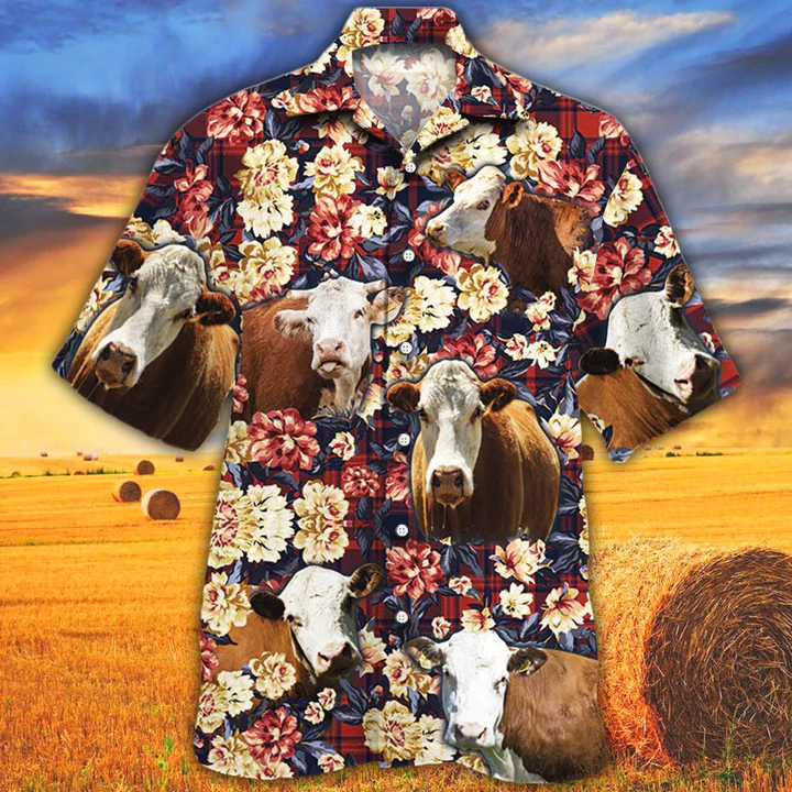 Hereford Red Plaid Cow Hawaiian Shirt for Animal Enthusiasts