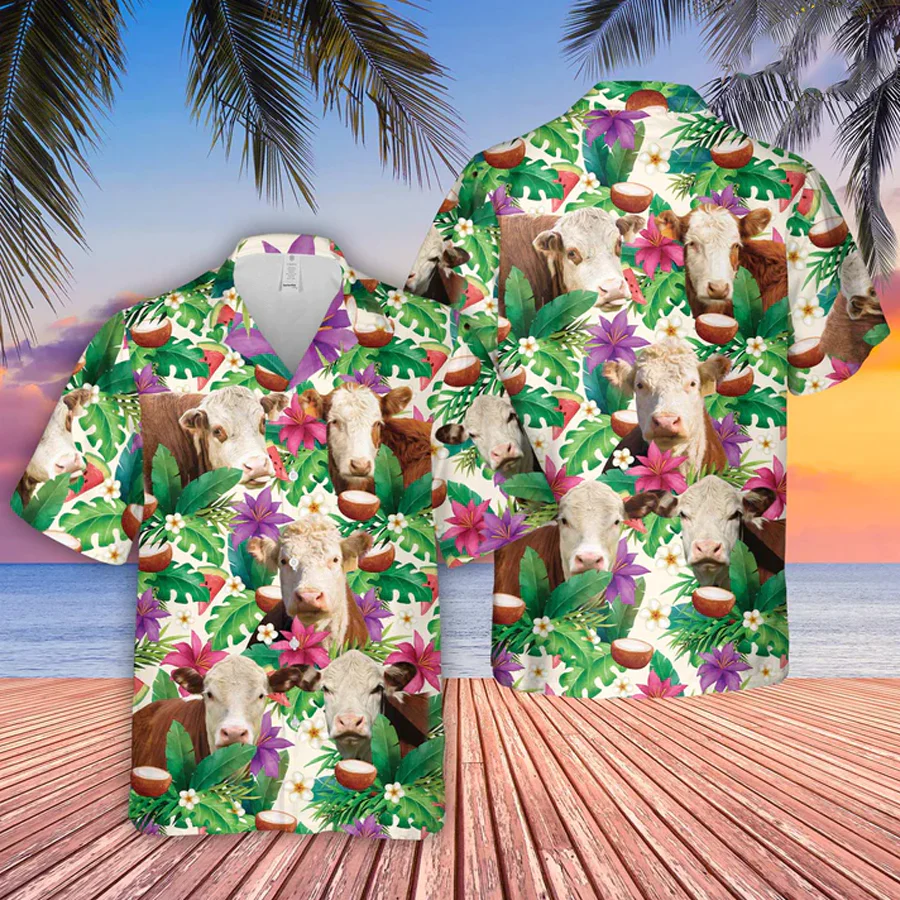 Hereford Summer Floral 3D Trendy Hawaiian Shirt, Farm Lover Hawaii Shirt, Hawaiian Casual Button Down Shirt