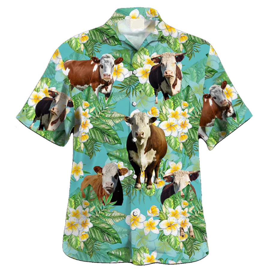 Hereford Tropical Trendy Hawaiian Shirt, Cow Trendy Hawaiian Shirt, Animal Trendy Hawaiian Shirts For Men, Gift For Him