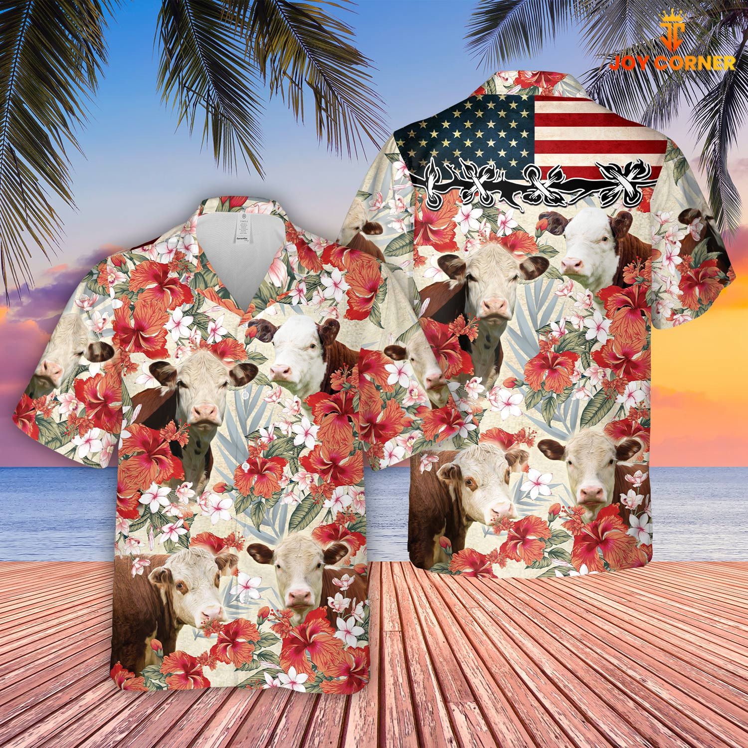 Hereford Us Flag Floral Hibiscus 3D Hawaiian Shirt Unique Design