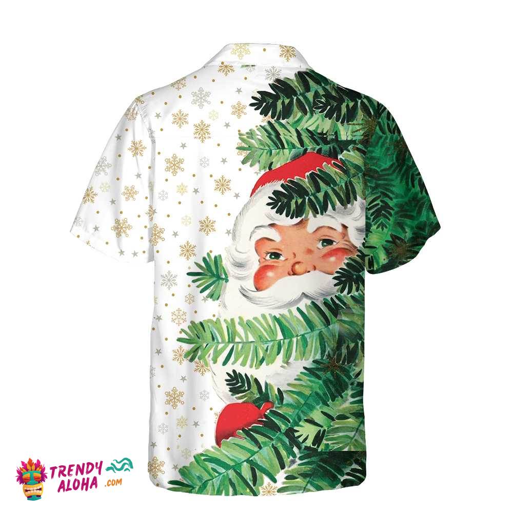 Hi Santa Behind Christmas Tree Christmas Hawaiian Shirt, Cute Santa Claus Hawaiian Shirt