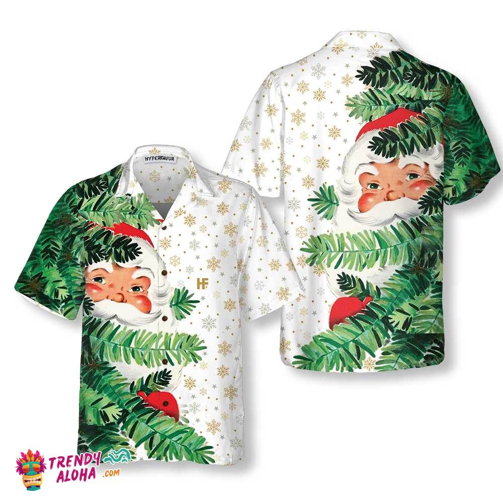 Hi Santa Behind Christmas Tree Christmas Hawaiian Shirt, Cute Santa Claus Hawaiian Shirt Hi Santa Behind Christmas Tree Christmas Hawaiian Shirt, Cute Santa Claus Hawaiian Shirt