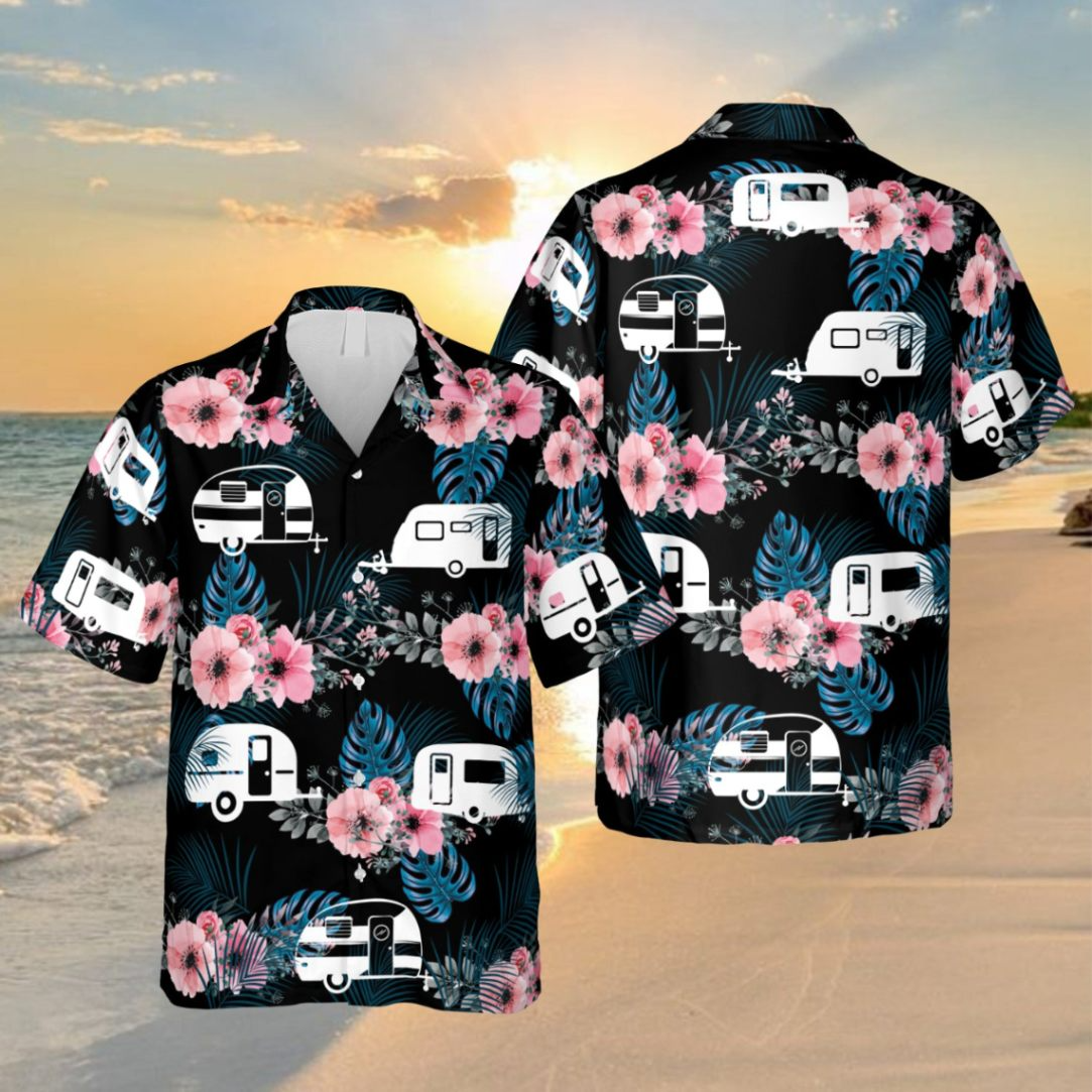 Hibicus And Recreational Vehicle Black Trendy Hawaiian Shirt, Summer Outfit For Men