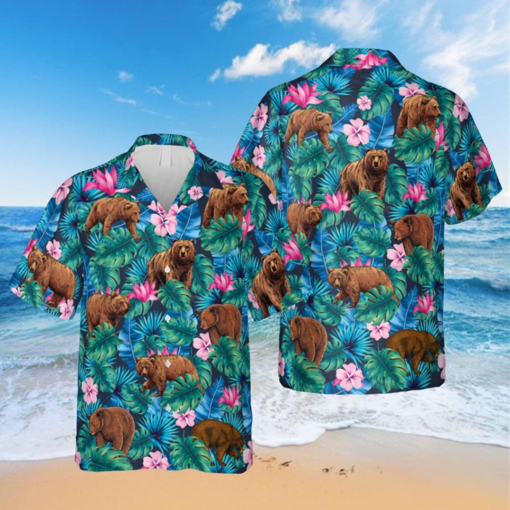 Hibicus Flowers Bear Trendy Hawaiian Shirt, Shirt For Men