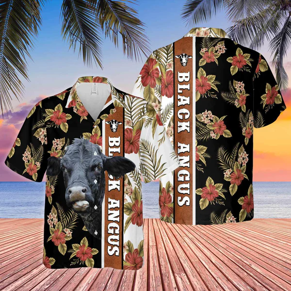 Hibiscus Flowers Black Angus Cattle Brown Trendy Hawaiian Shirt, Summer Gifts For Men And Women