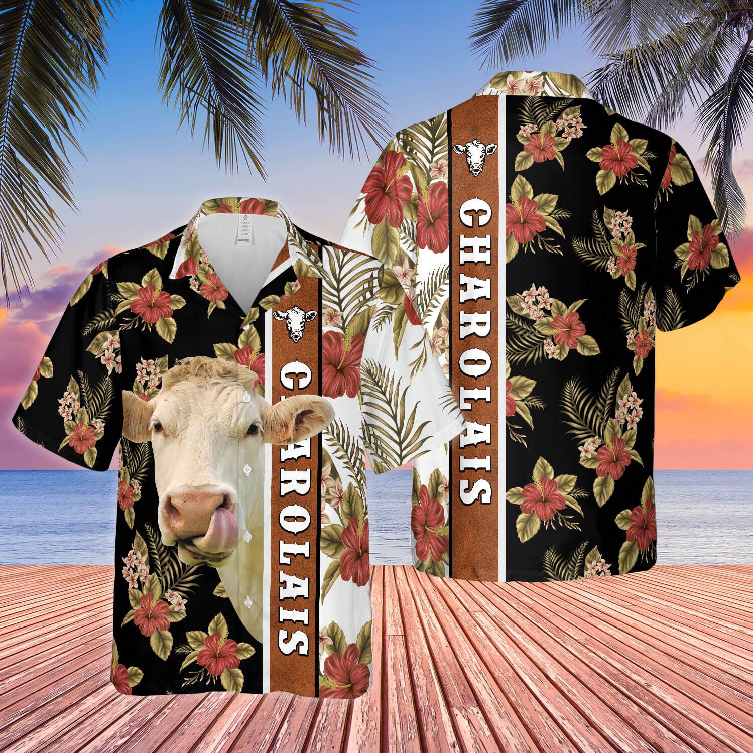 Hibiscus Flowers Charolais Cattle Brown All Over Printed 3D Hawaiian Shirt