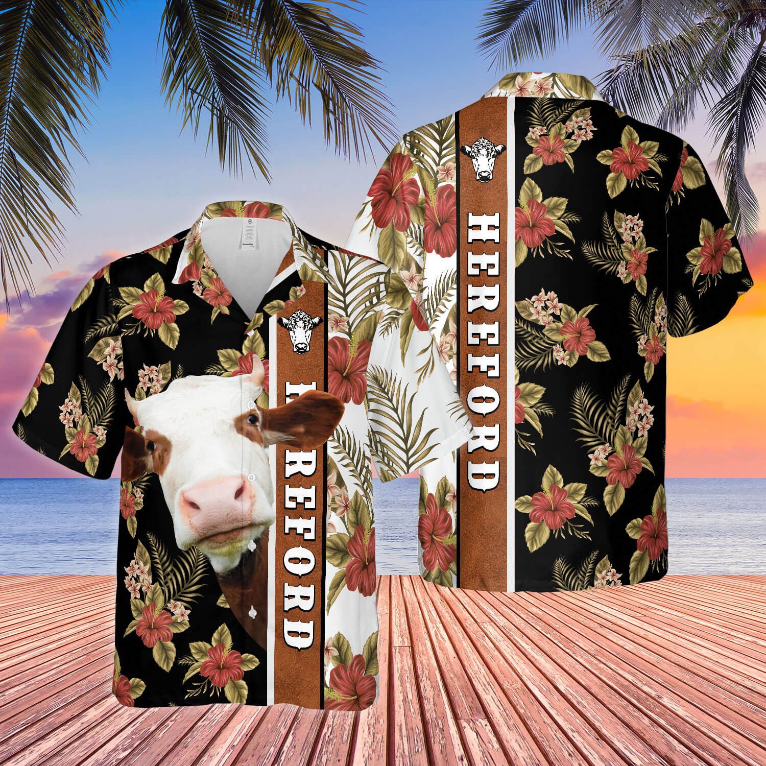 Hibiscus Flowers Hereford Cattle Brown All Over Printed 3D Hawaiian Shirt