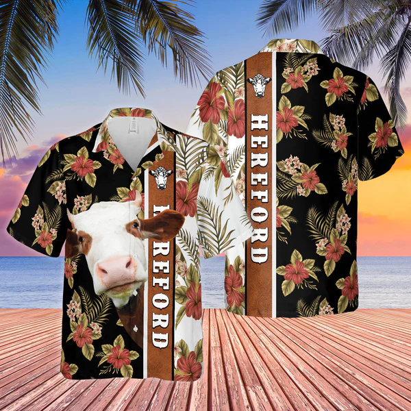 Hibiscus Flowers Hereford Cattle Brown Trendy Hawaiian Shirt, Summer Gifts For Men And Women