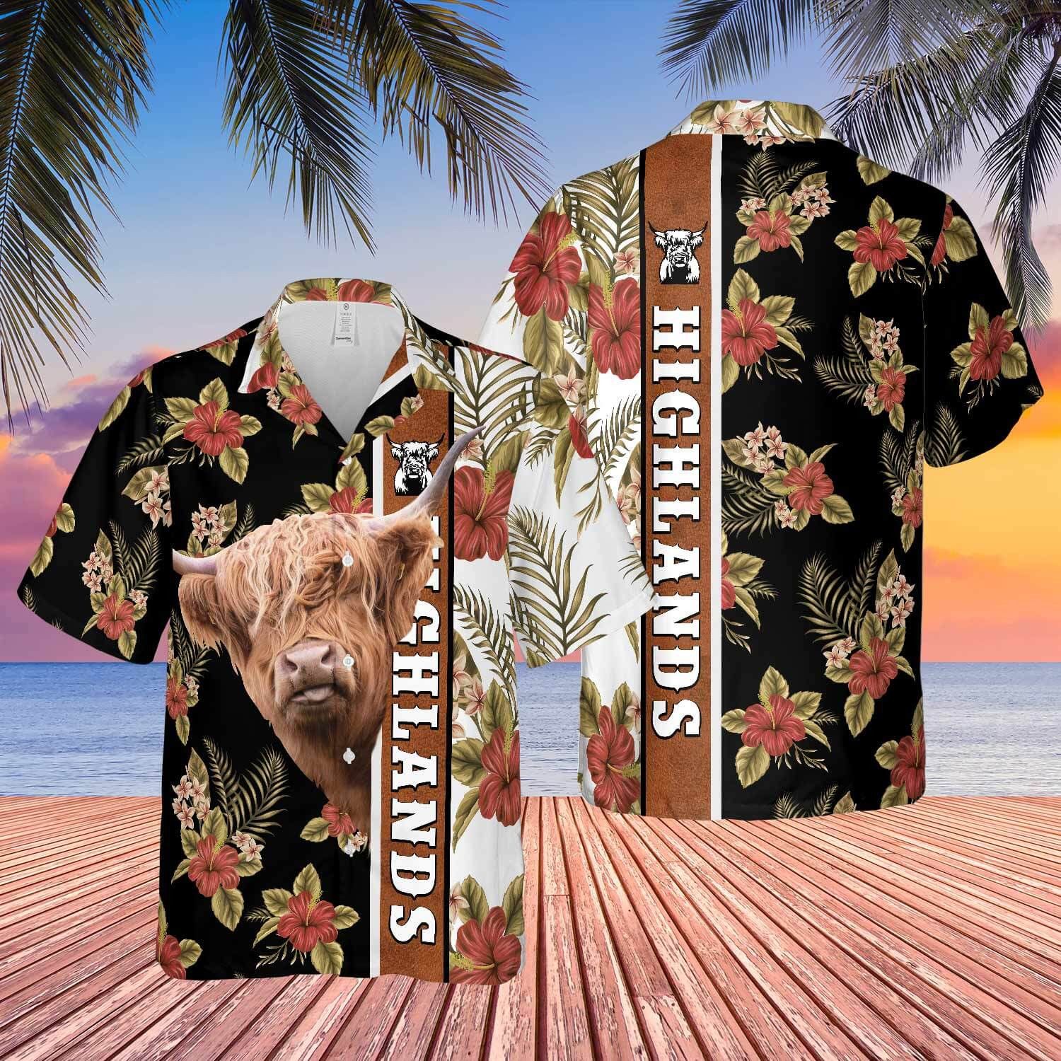 Hibiscus Flowers Highlands Cattle Brown All Over Printed 3D Hawaiian Shirt