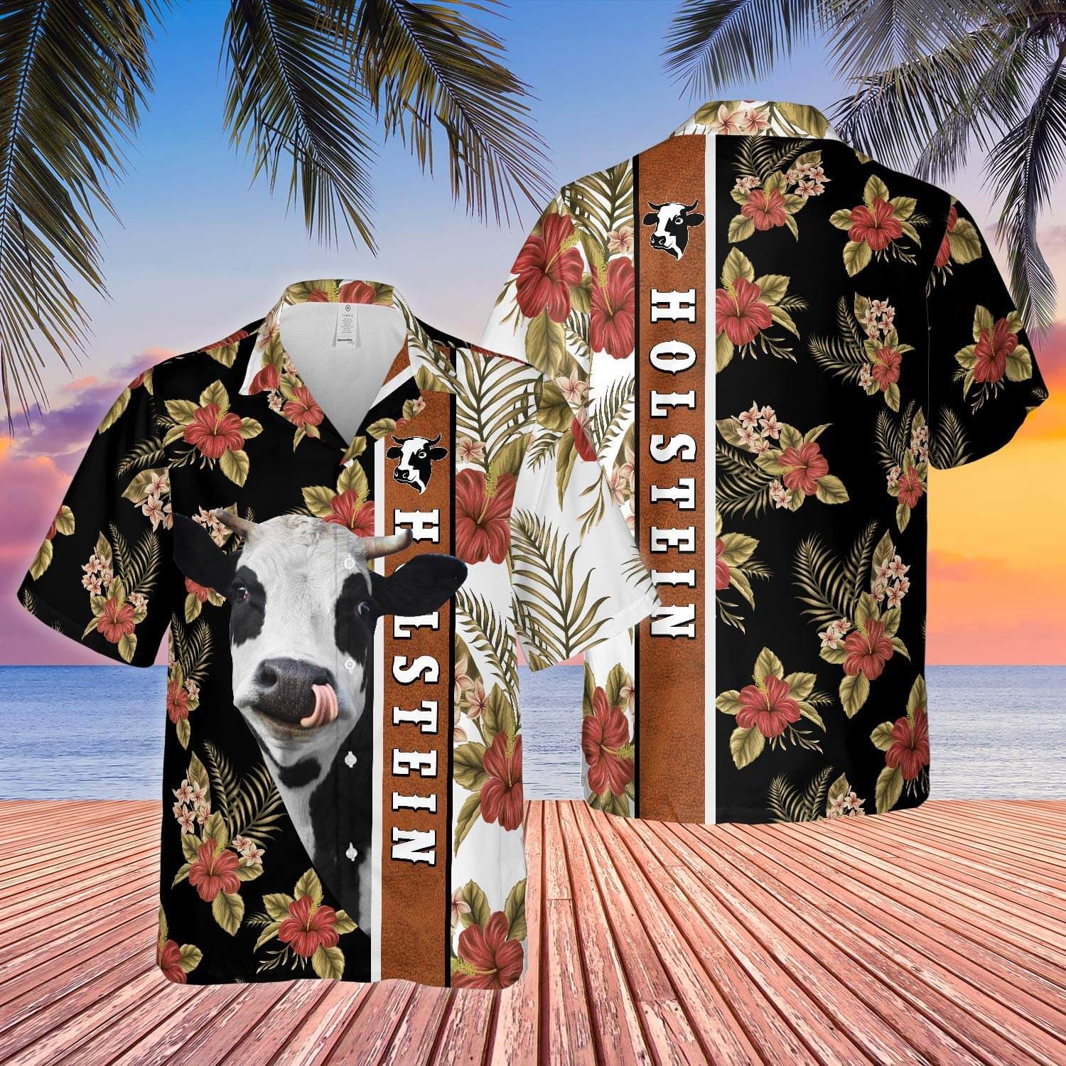 Hibiscus Flowers Holstein Cattle Brown All Over Printed 3D Hawaiian Shirt
