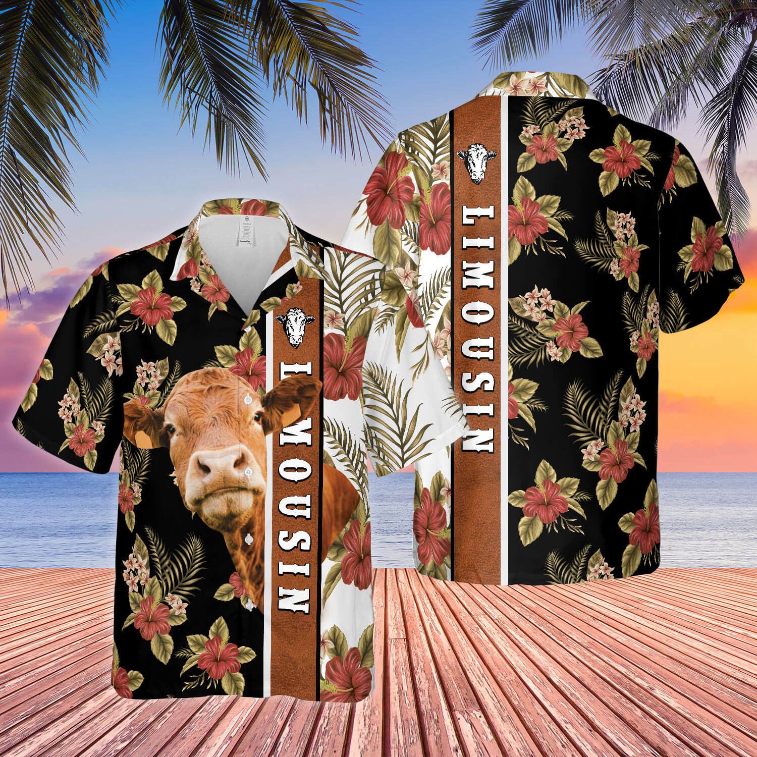 Hibiscus Flowers Limousin Cattle Brown All Over Printed 3D Hawaiian Shirt