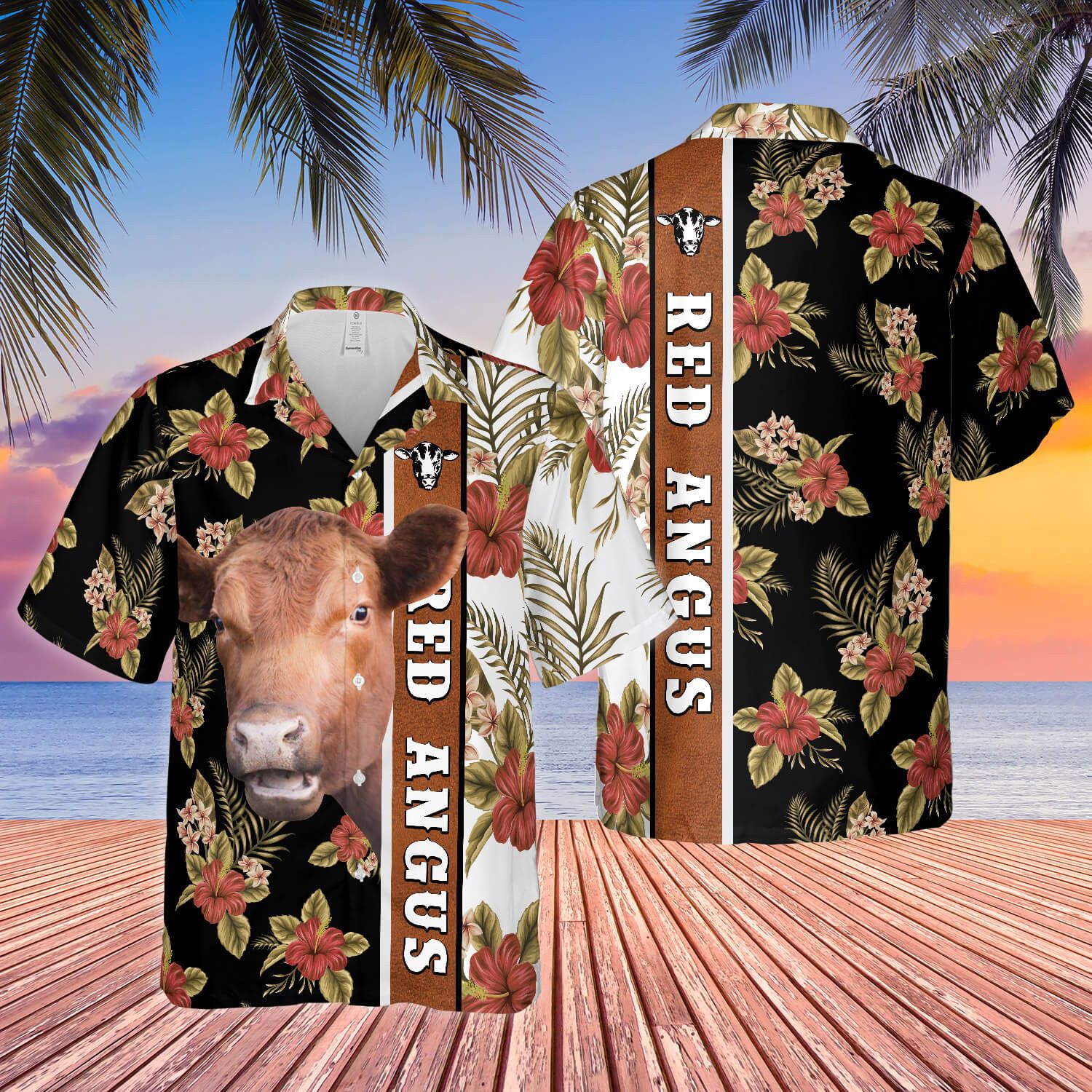 Hibiscus Flowers Red Angus Cattle Brown All Over Printed 3D Hawaiian Shirt