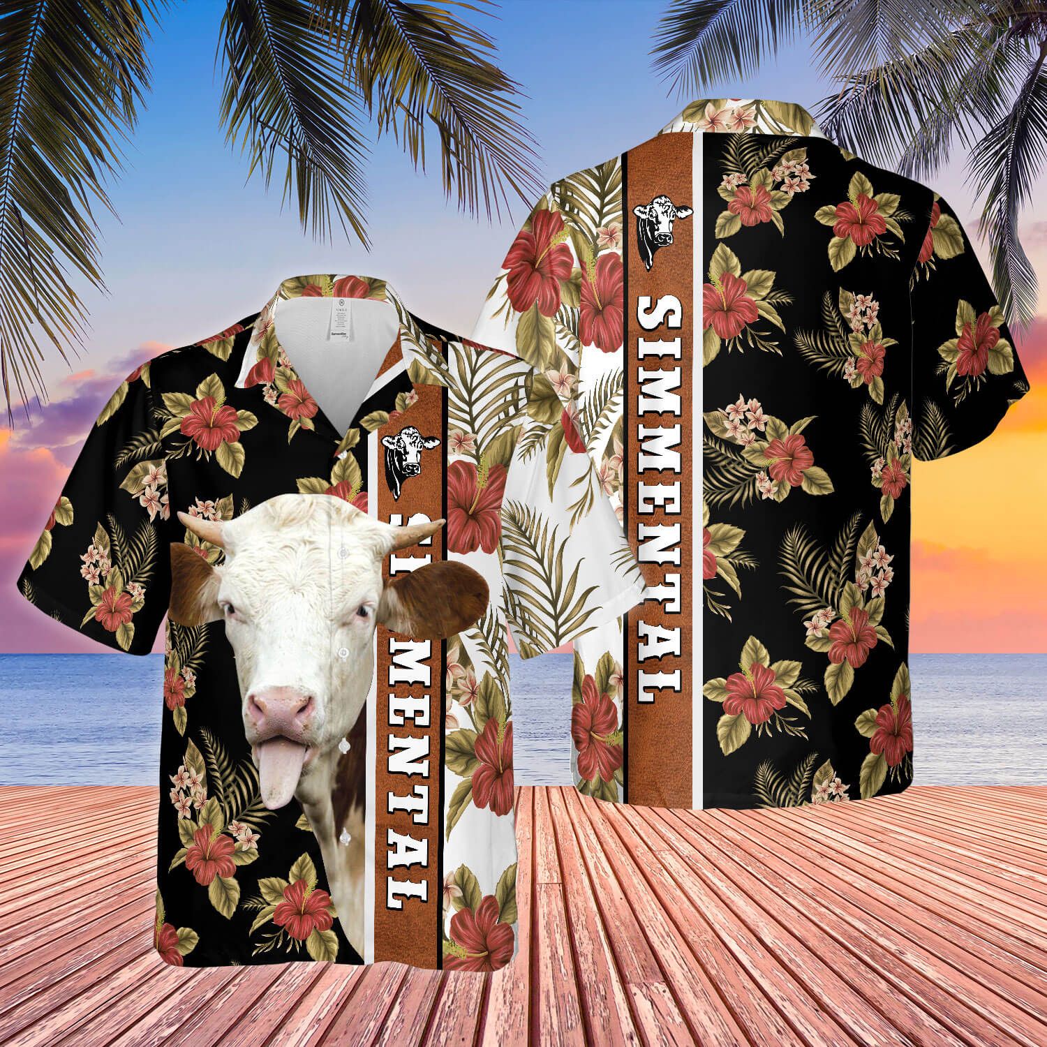 Hibiscus Flowers Simmental Cattle Brown All Over Printed 3D Hawaiian Shirt