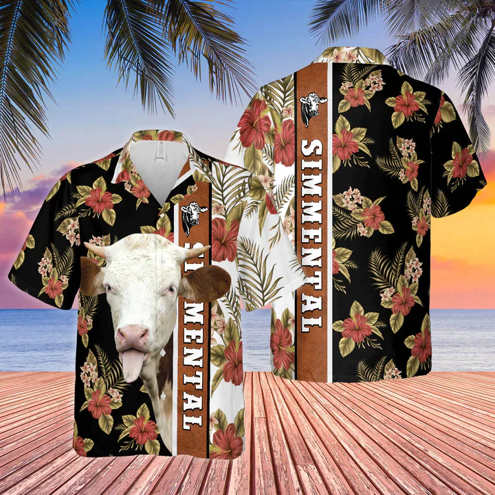 Hibiscus Flowers Simmental Cattle Brown All Over Printed 3D Trendy Hawaiian Shirt