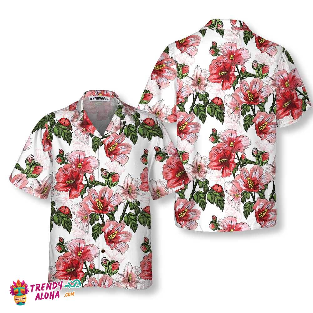 Hibiscus With Ladybug Seamless Pattern Hawaiian Shirt, Short Sleeve Red Hibiscus Shirt