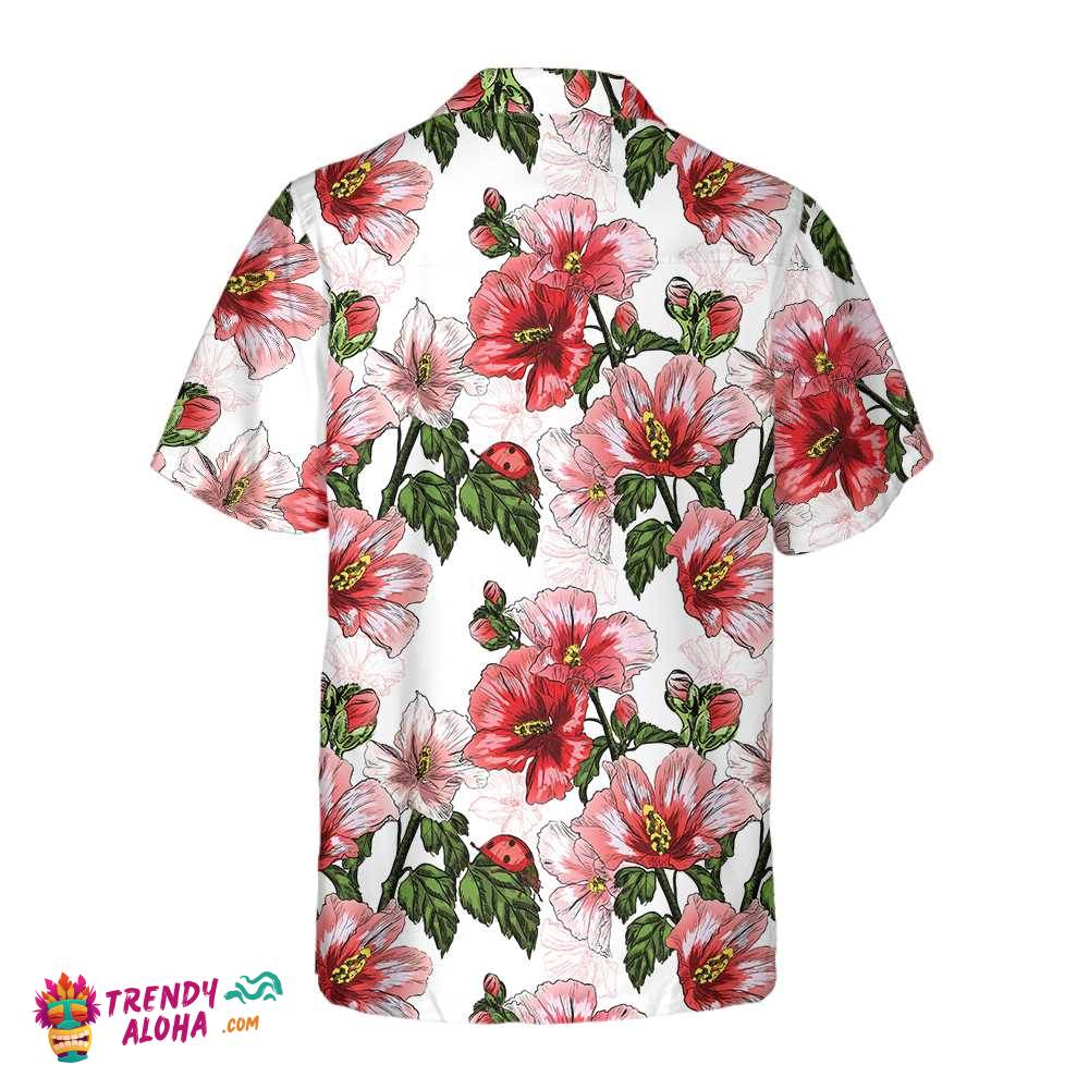 Hibiscus With Ladybug Seamless Pattern Hawaiian Shirt, Short Sleeve Red Hibiscus Shirt