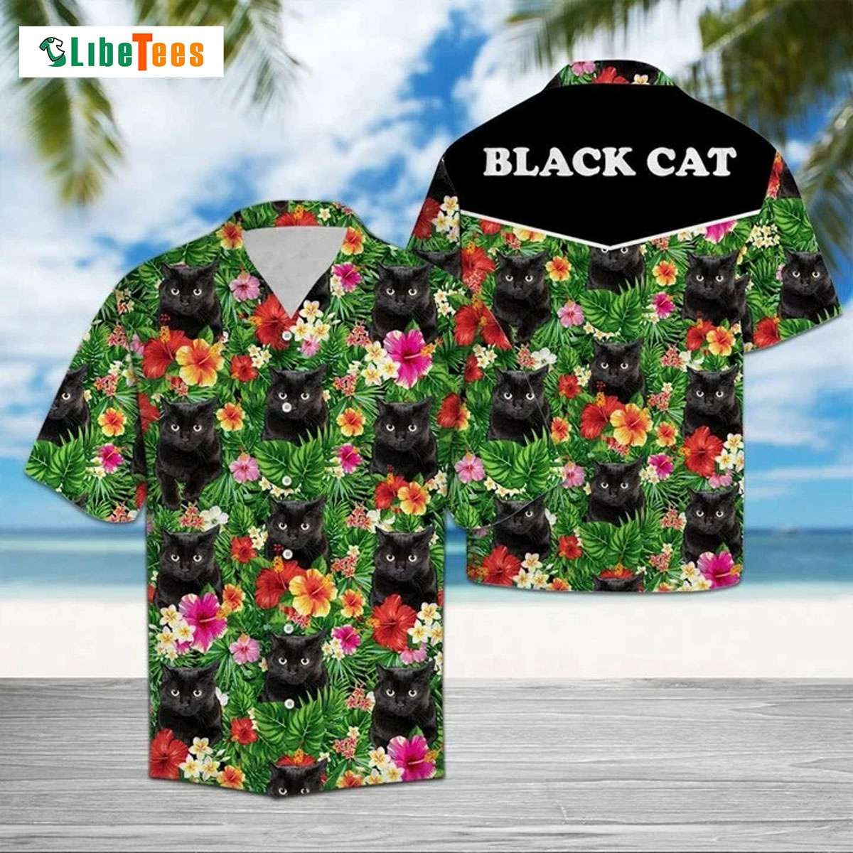 Hiding Black Cat And Flower Tropical Flower Leaves, Cat Trendy Hawaiian Shirt Perfect Gifts For Your Loved Ones