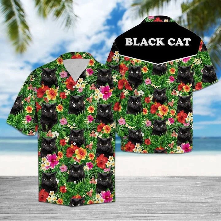 Hiding Black Cat And Flower Tropical Flower Leaves Hawaiian Shirt Hiding Black Cat And Flower Tropical Flower Leaves Hawaiian Shirt