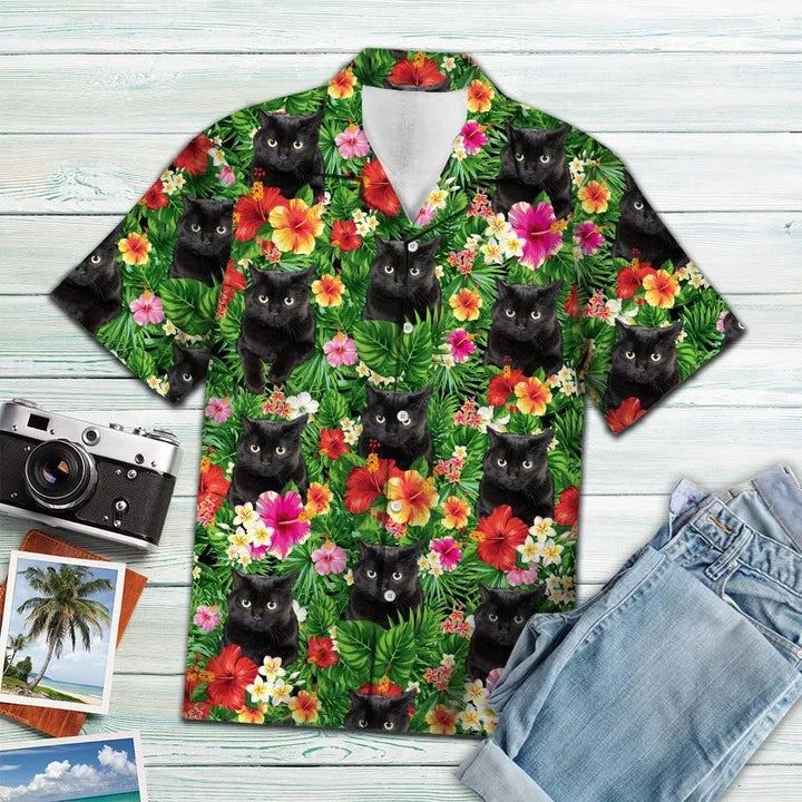 Hiding Black Cat And Flower Tropical Flower Leaves Hawaiian Shirt