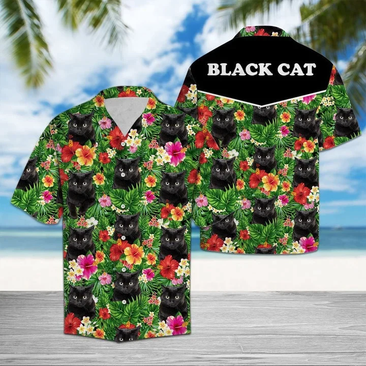 Hiding Black Cat And Flower Tropical Flower Leaves Trendy Hawaiian Shirt, Black Cat Aloha Hawaii Shirt For Men, Women