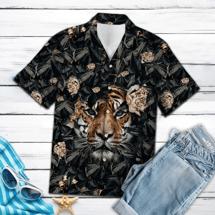 Hiding Tiger Let‘S Get Lost Tropical Hibiscus On Black Pattern Trendy Hawaiian Shirt