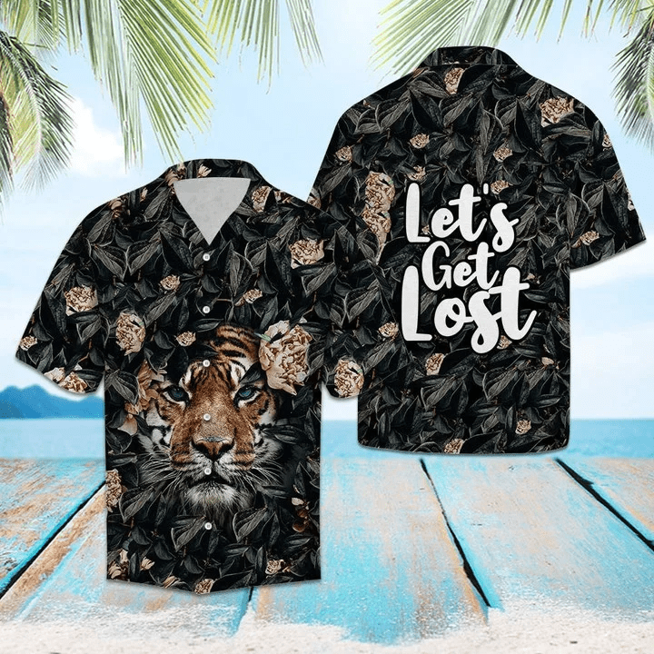 Hiding Tiger Let‘S Get Lost Tropical Hibiscus On Black Pattern Trendy Hawaiian Shirt