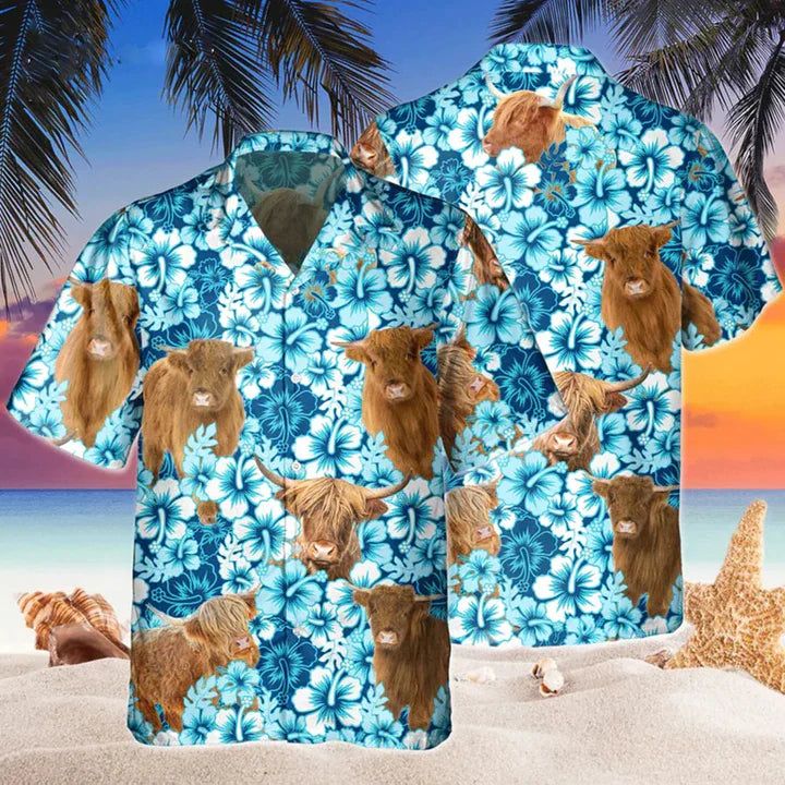 Highland Blue Hibiscus Flowers Hawaiian Shirt, Cow Hawaii Shirt, Cow Lovers Shirt For Men Highland Blue Hibiscus Flowers Hawaiian Shirt, Cow Hawaii Shirt, Cow Lovers Shirt For Men
