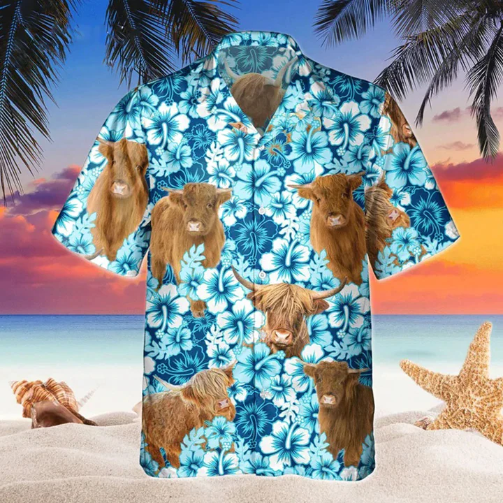 Highland Blue Hibiscus Flowers Trendy Hawaiian Shirt, Cow Hawaii Shirt, Cow Lovers Shirt For Men