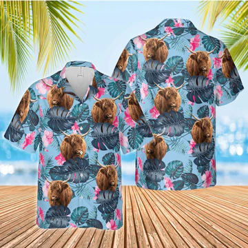 Highland Blue Hibiscus Trendy Hawaiian Shirt