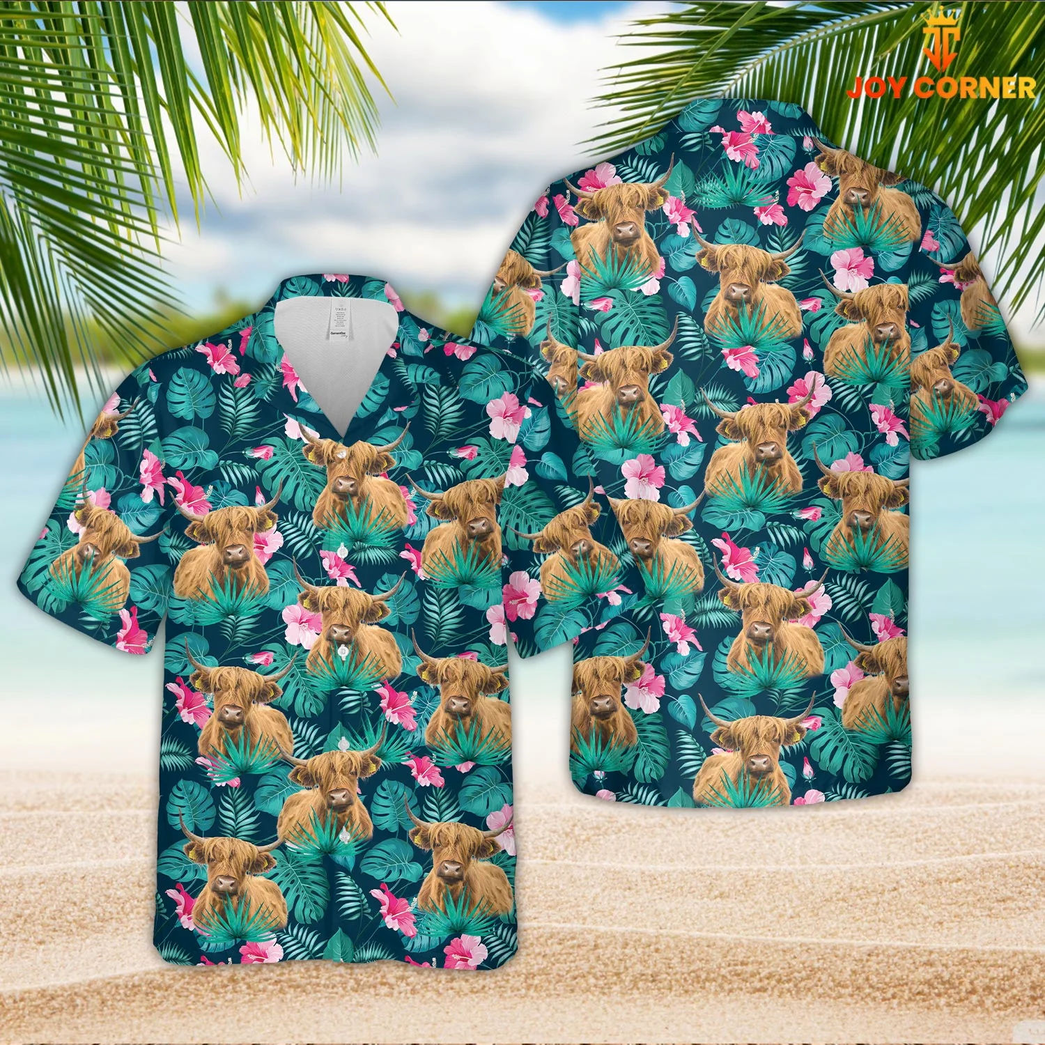 Highland Breed Hawaiian Shirt Blue Florals Of Summertime Displayed In 3D Print