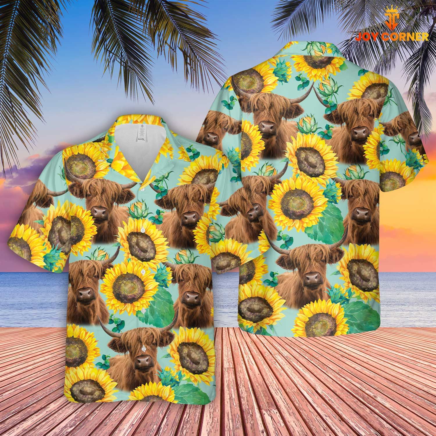 Highland Breed Hawaiian Shirt With Sunflower Farm Scene 3D Print Quality Detail
