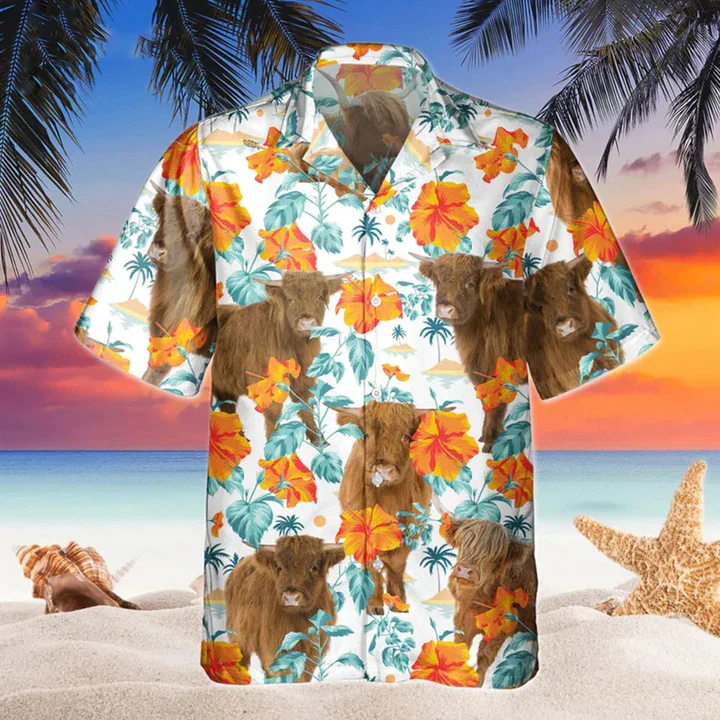 Highland Bright Hibiscus Flowers Trendy Hawaiian Shirt, Cow Hawaii Shirts Men, Flowers Aloha Shirt For Cow Lovers