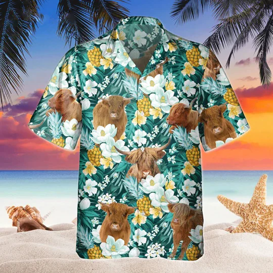 Highland Bright Hibiscus Flowers Trendy Hawaiian Shirt, Vintage Trendy Hawaiian Shirt For Men, Women