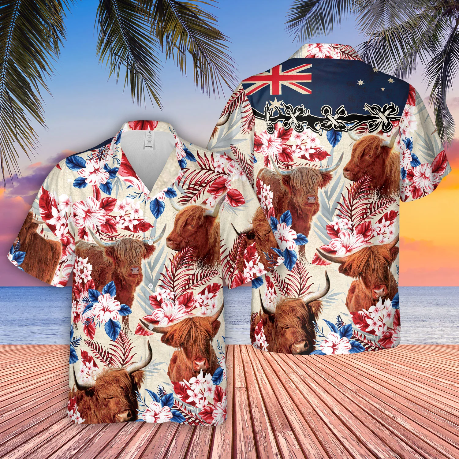 Highland Cattle Australia Flag Hawaiian Flowers Hawaiian Shirt