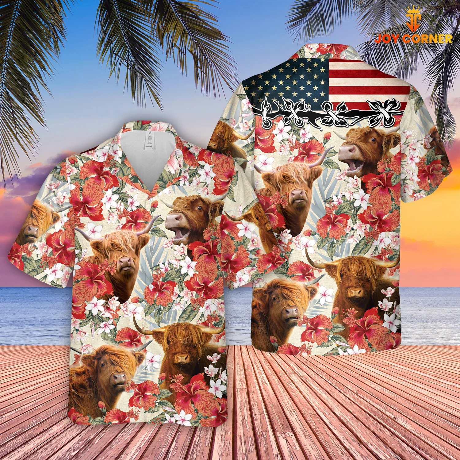 Highland Cattle Displaying Us Flag Hibiscus Hawaiian Shirt
