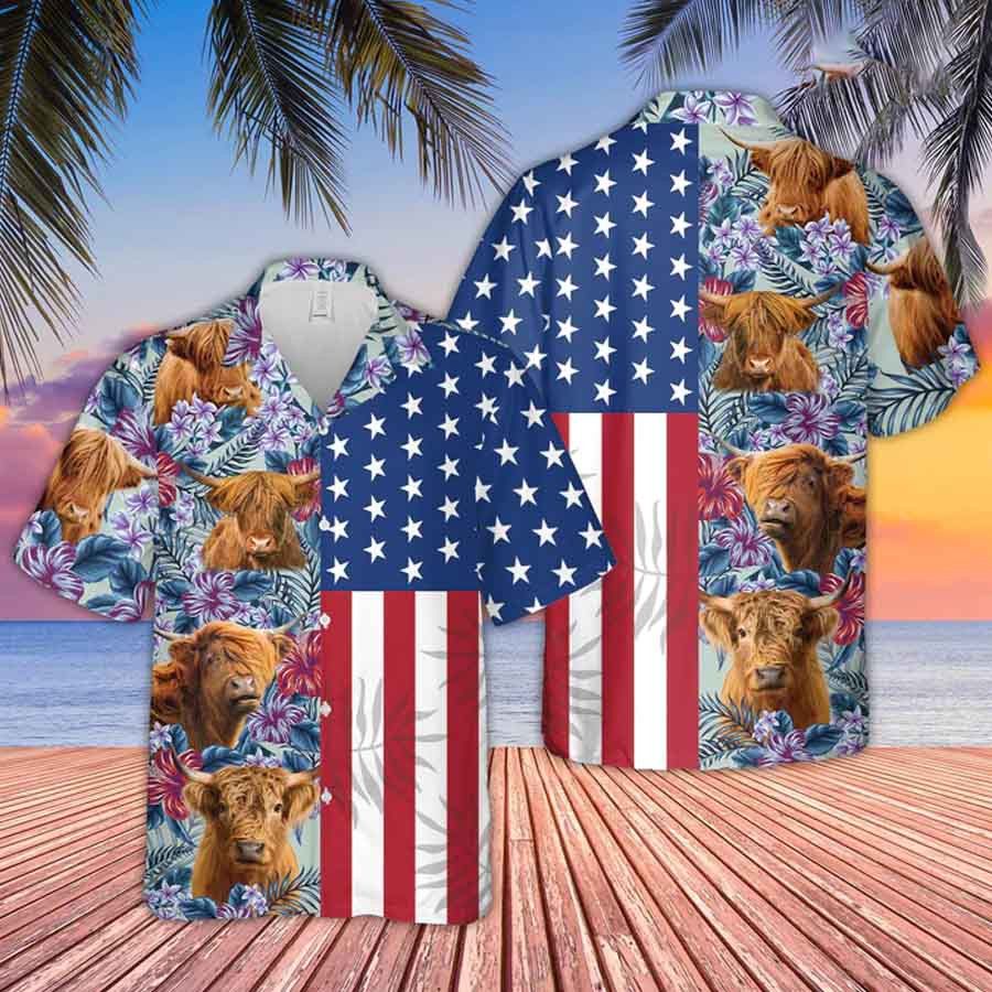 Highland Cattle Flower Pattern Us Flag 3D Trendy Hawaiian Shirt For Men And Women