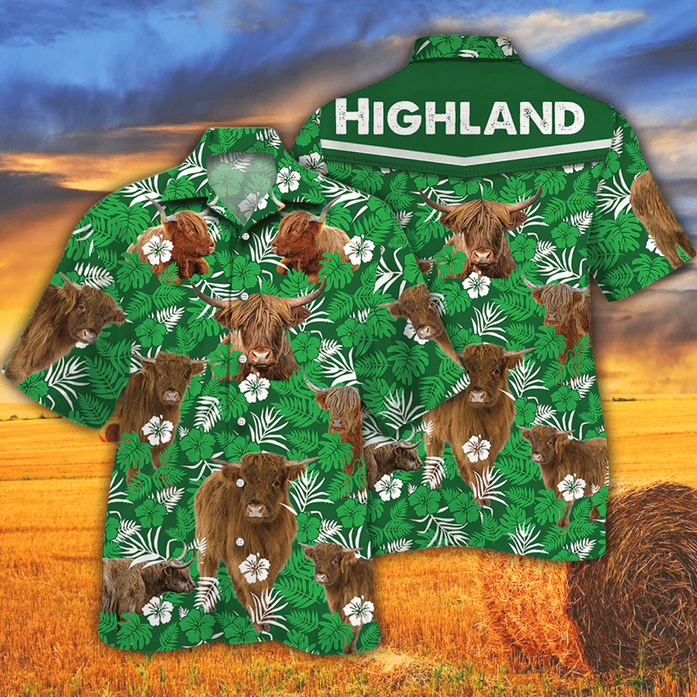 Highland Cattle Green Floral Lovers Hawaiian Shirt