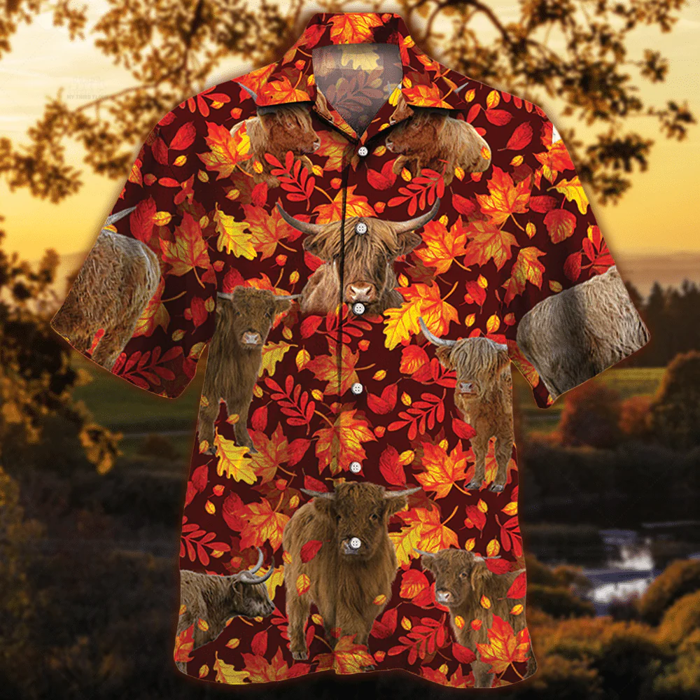 Highland Cattle Hawaiian Shirt with Autumn Red Leaves